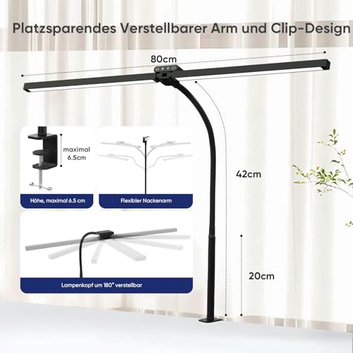 vatato Doppelkopf LED Schreibtischlampe mit RGB,24W Dimmbar Schreibtischleuchte mit Fernbedienungen, Klemmbar Tageslichtlampe mit Stufenlose Dimmung&Farb,Büro Tischlampe für Home&office(schwarz)