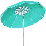 FEFLO 200 cm Parasol, UV 50+ Protection Beach Parasol, Rustproof Market Umbrella with Tilting Aluminium Pole, Striped Beach Umbrella, Garden Umbrella, Grün