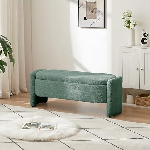 REONEY Storage Ottoman Bench, Upholstered 3D Lamb Fleece Fabric Oval Bedroom Bench with Safety Hinge and Legs for End of Bed Stool, Living Room, Entryway Footrest (Green, 47.2" L x 16.9" W x 17.2" H) Cover