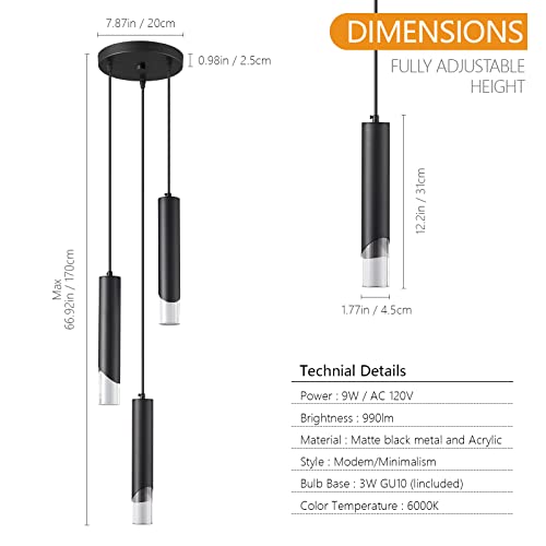 Liangmh Modern Pendant Light Kitchen Light Fixture Dimmable Led Black Mini Pendant Lights Dinning Room Black Pendant Lighting For Kitchen Island Bedroom (3-Light) #TOP3