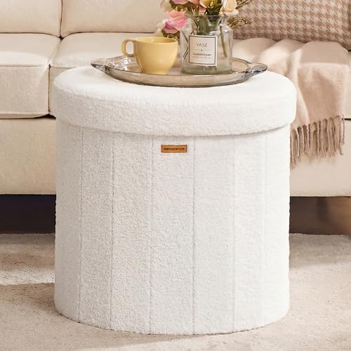 Image of SONGMICS Mazie Collection - Round Storage Ottoman, Folding Footrest Stool with Removable Lid, Easy Assembly, Teddy Fleece Vanity Stool for Bedroom, Living Room, Entryway, Cream White ULSF606W01