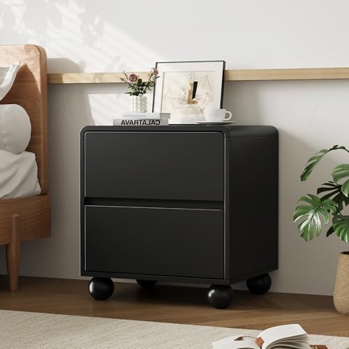 Image of MAISONARIA Curved Nightstand Set of 2, Modern Nightstand with 2 Large Storage Drawers, Wooden Endside Table for Bedroom, Black