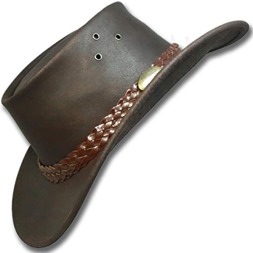 Oztrala Oiled Leather Hat Australian Outback Aussie Western Cowboy Mens Womens Kids Black Brown WO HL11 US (Brown, XL)