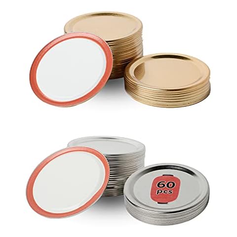 60-Count Canning Lids for Ball, Kerr Jars, Canning Lids Regular Mouth Mason Jar Lids Bulk Split-Type Metal Canning Jar Lids for Kerr Jars Food Grade Airtight Sealed Jar Cover 70mm Silver/Gold Cover