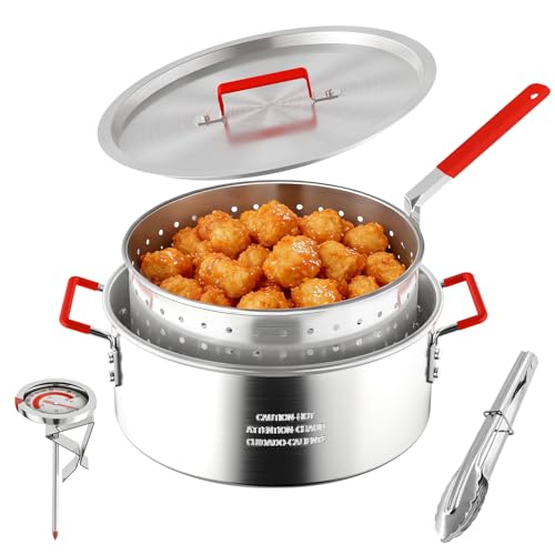 10QT Fish Fryer Pot with Basket | Aluminum Deep Fryer with Lid, Thermometer & Tongs | Outdoor Frying Pot for Fish, Chicken Wings & French Fries