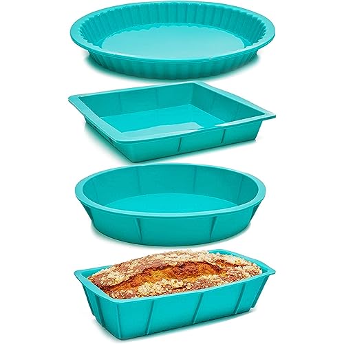 Comparison: Best Cookware For Convection Microwave Oven 9 Juvale Silicone Baking Pans Set - 4-Piece Teal Set: Square, Rectangular, Round Cake & Pie - Nonstick Flexible Silicone Bakeware, Oven & Microwave Safe