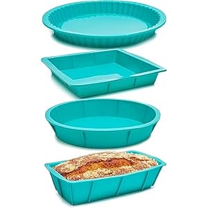 Juvale Silicone Baking Pans Set – 4-Piece Teal Set: Square, Rectangular, Round Cake & Pie – Nonstick Flexible Silicone Bakeware, Oven & Microwave Safe