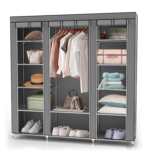 INTIRILIFE Faltschrank 150x175x45 cm in ASCH GRAU - mit Reißverschluss Stoffschrank Kleiderschrank mit Kleiderstange, Fächern und Seitentasche - Camping Steckschrank Textil Garderobe