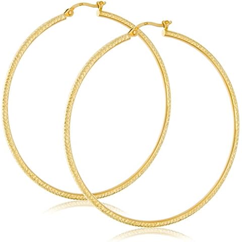 Solid Gold Round Hoop Earrings Diamond Cut Finish 14K Yellow Gold 2.0mm Wide by 2" in Diameter | 2.9g Cover