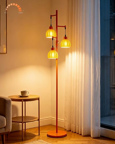 Image of Lightdot 65'' Glass Floor Lamp Dimmable Orange with Lotus Glass Shade & 3000K Bulbs Included 3-Lights Modern Tall Standing Lamp with 5Lbs Heavy Base for Living Room /Bedroom /Sofa /Corner Decor