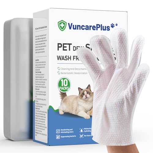 VUNCAREPLUS Pet Hydrosol SPA Glove Wipes, 10 Individually Wrapped Packs, No Rinse Dog & Cat Grooming Wipes, Deodorizing Waterless Pet Cleaning Gloves with Jojoba Oil & Olive Oil for Travel & Home
