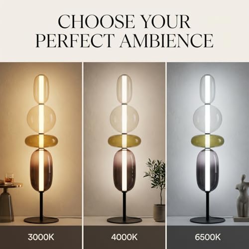 Image of Modern Glass Floor Lamp with 4 Shaped Shades, Minimalist Standing Lamp with 3 Color LED, Floor Lamp for Living Room, Bedroom, Corner, Home Decor