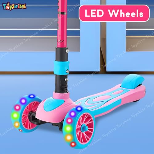 Image of Toyshine 3 Wheel Rooster LED Wheels Runner Scooter with Anti Slip ABS Base Aluminium Structure Height Adjustable Handlebar Max Load 45kg for Kids Boys Girls - Pink