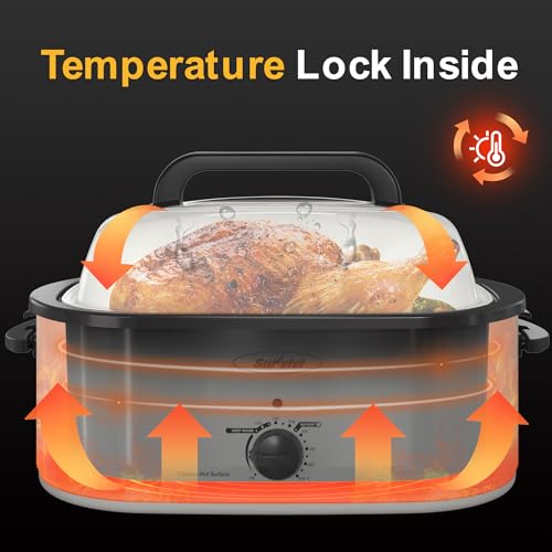 Sunvivi 22-Quart Roaster Oven with Visible Glass Lid, Sunvivi Electric Roaster with Removable Pan & Rack, 150-450°F Full-Range Temperature Control with Defrost/Warm Function, Stainless Steel, White