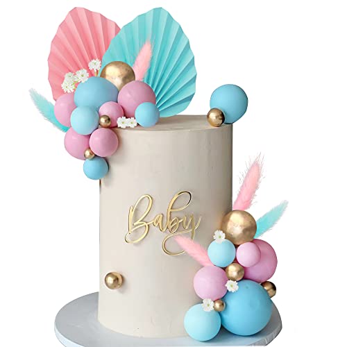 Flower Cake Topper Gold Palm Leaves Balls Cake Decoration For Gender Reveal Baby Shower Birthday Party (Blue Pink) #TOP17