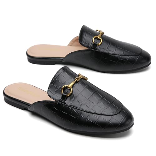 Image of Minorsu Buckle Mules for Women Flats Loafers Shoes for Work Office Business | Slip on,Round Toe,Backless,Slides, Casual