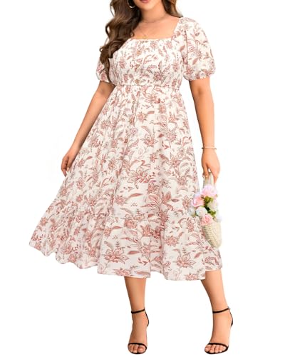 Image of Plus Size Summer Dresses - Boho Casual Wedding Guest Midi Flowy Short Sleeves Smocked Button Down Dress for Curvy Women