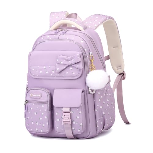 Amythe Schultasche Teenager Mädchen 6-15 Jahre, Junior Schule Rucksack Gymnasium Oberstufe mit Pom-Pom-Anhänger für 15.6 Zoll Laptop, Wasserdicht Casual Schleife Schulranzen für Schule, Lila
