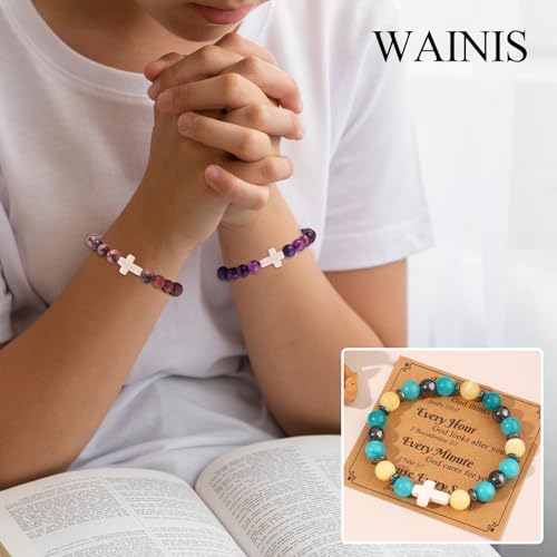 WAINIS 9Pcs Faith Cross Beaded Bracelets for Women Inspirational Christian Gifts Religious Cross Bracelet 8mm Natural Stone Stretch Jesus Bracelets Bulk Jewelry Gift2