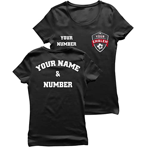 Camiseta de Fútbol Manga Corta Mujer | Regalo Personalizado con tu Nombre y Número | Emblem 2026 (XXL Negro Multicolor)