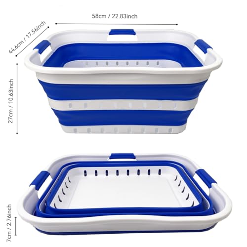 Image of SAMMART 42L (11 gallons) Set of 2 Plastic Foldable Storage Basket /Container - Collapsible, Space Saving and Portable Laundry Hamper, Ideal for Home, Travel, Dorm (2, White /Dark Blue)