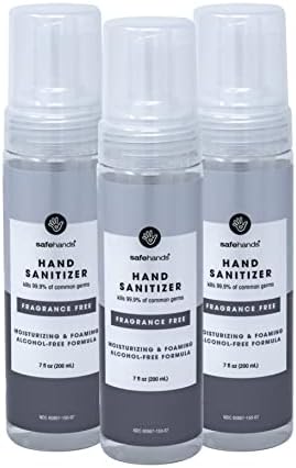 safeHands Alcohol-Free Hand Sanitizer – No Alcohol Foaming Hand Sanitizer in Pump Bottle – Fragrance Free and Moisturizing – 7Oz 3 Pack – Made in the USA