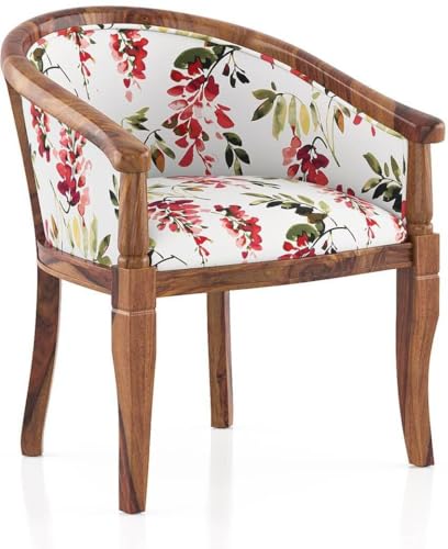 Image of Sheesham Wood Barrel Accent Chair with Floral Fabric Upholstery Teak Finish Handcrafted Wooden Lounge Chair with Backrest (Carmine Cassia)