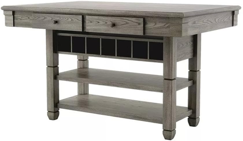 Pemberly Row 7-Piece Counter Height Dining Set, Solid Wood & Veneer, Wire-Brushed Gray Finish, Pedestal Table with Wine Rack & Storage, 6 Slat-Back Chairs with Upholstered Seats, Modern Transitional