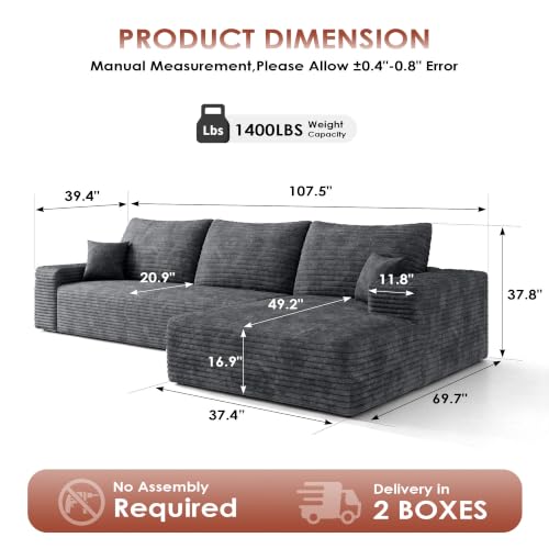 Image of Boneless Couch, Modular Sectional Couches for Living Room, U-Shaped Cloud Couch Sofa with Deep Seat, Fluffy Corduroy Upholstered Corner Sofa