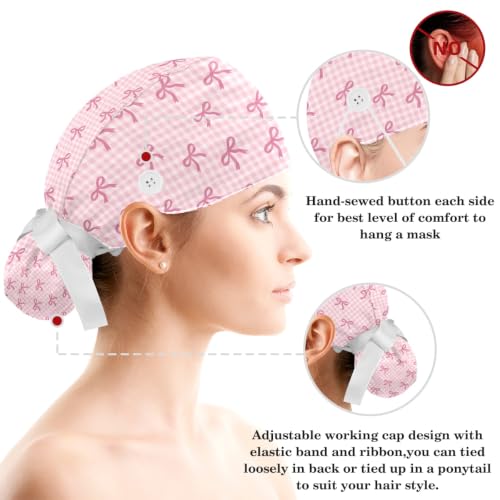 Image of Butterfly Scrub Cap Women with Ponytail & Buttons Adjustable Surgical Nurse Hat with Cotton Sweatband for Long Hair