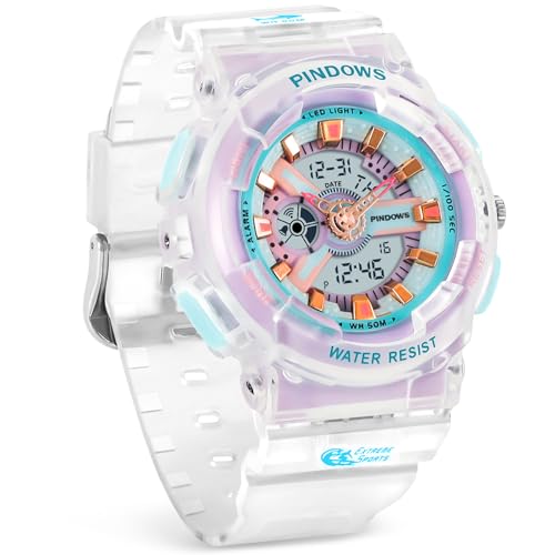 PINIDOUS Relojes para Mujeres Reloj Estudiantes Adolescentes Al Aire Libre a Prueba de Agua Relojes Deportivos Analógicos Digitales con Cronómetro Alarma Cuenta Atrás 7 Colores LED
