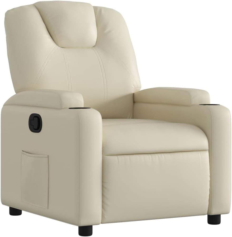 vidaXL Cream Faux Leather Wingback Recliner Chair - Manual Recline Armchair for Living Room, Home Theater with Cup Holders