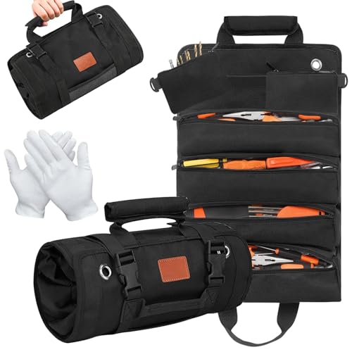 Multiple Pockets Tool Bag, Roll Up Tool Storage Organizer, Portable Tool Carrybag Heavy Duty Tool Bag with 2 Detachable Pouch, Gifts for Men Dad Husband Grandpa Birthday Mechanic Electrician Presents