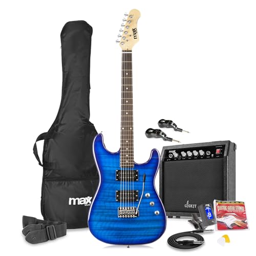 Max GigKit Wireless Electric Guitar Package with Amplifier, Tuner, Strap, Bag and Strings Set - Quilt Top Dark Blue