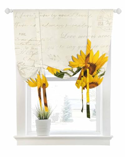 Tie Up Curtains for Windows Summer Farm Sunflower Rod Pocket Tie-Up Window Shade Adjustable Balloon Curtain Valance Country Floral on Letter for Bedroom Kitchen Bathroom Blinds,42x45in