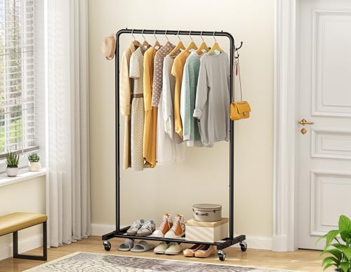 HOMIDEC Clothes Rail, Metal Clothes Rack with 4 Side Hooks, Bottom Storage Shelf and Wheels, Heavy-Duty Clothing Rail Holds Up to 40kg, Clothes Rails for Bedroom, Hallway, Clothing Stores, Black - Image 6