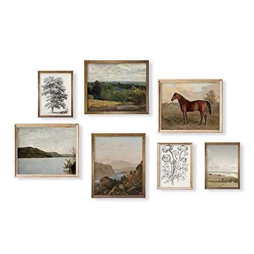 Rustic French Country Wall Art Decor - Boho Art Deco Victoria Picture Bathroom - Modern Farmhouse Kitchen Poster Print - Aesthetic Vintage Landscape Set, Horse Lake Mountain Tree Sketch Meadow Nature #TOP19