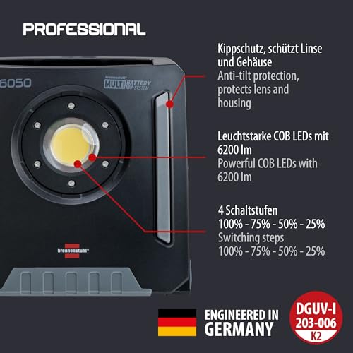 Brennenstuhl Professional Multi Battery LED Hybrid Baustrahler 6050 MH (60W, 6200lm, IP65, LED Baustrahler kompatibel mit 18V Akkus 11 verschiedener Hersteller, 5m, ohne Akku, Engineered in Germany)