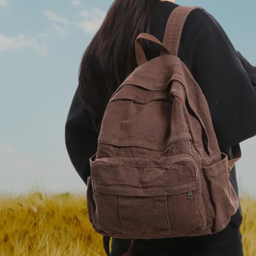 Image of Coffee Brown Canvas Backpack for Women & Men Retro Aesthetic Rucksack Basic Backpack for High School /College Students Travel Laptop Bag