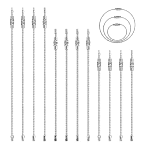Lnngub 12 portachiavi con corda metallica 1,5 mm, acciaio inox, morbido portachiavi a vite, 20/15/10 cm, anelli lunghi in argento per bagagli e chiavi