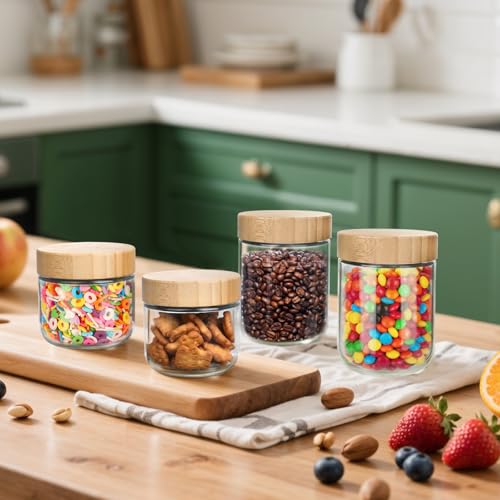 Image of OcePor 4 Pack Glass Jars with Bamboo Lids, Over Night Oats Container with Airtight Lid, Glass Snack Storage Salad Jars For Food, Yogurt, Sugar and Flour,Coffee Bean, Cookie, Cereal