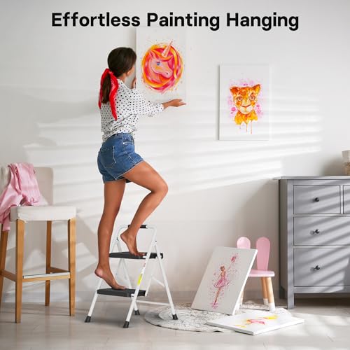 Image of BONTEC 2-Step Ladder, Folding Step Stools for Adults with Wide Anti-Slip Pedals, Max Load Capacity 600lbs Sturdy Steel Ladder, Lightweight, Convenient Handle, Portable Steel Step Stool, White