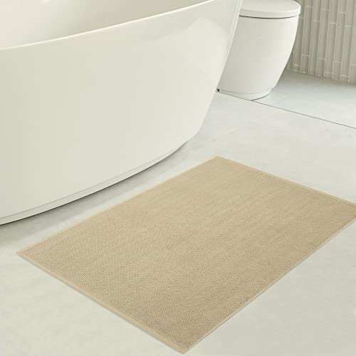 Image of American Soft Linen Bath Rug, 17 in 24 in 100% Cotton Bath Mats Rugs for Bathroom, Slip Reducer Washable Shaggy Form Area Rugs, Beige Bath Rug