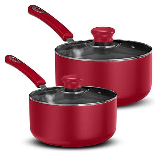 Utopia Kitchen Nonstick Stock Pot Saucepan Set with Lids, 1 Quart and 2 Quarts Multipurpose Stock Pots Set for Home, Kitchen or Restaurant, Red & Black