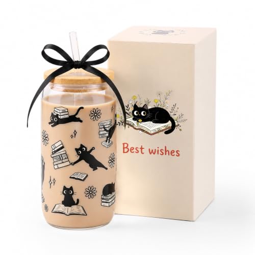 KORHONEN Cute Cat Gifts for Women, Black Cat Book Lover Gifts Glass Cup Tumbler with Lids and Straw, Bookish Present Coffee Cup for Women Girls Friends Bookworm Thanksgiving Christmas Birthday, 16oz