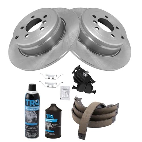Image of TRQ Rear Brake Pad & Rotor Kit, with Chemical Kit Parking Brake Shoe Set Semi-Metallic Compatible with 2003-2005 Land Rover Range Rover