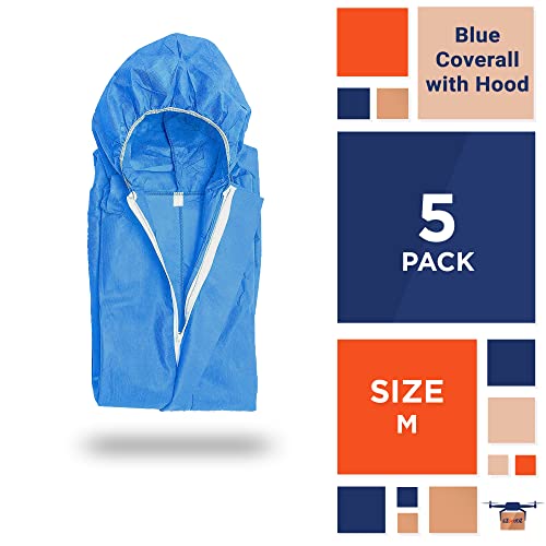 Ezgoodz Disposable Coveralls For Men, Women, Pack Of 5 Medium Blue Hazmat Suits Disposable, Sms 50 Gsm Hazmat Suit Costume With Hood, Elastic Wrists, Ankles, Zip, Splash-Proof Paint Suit Disposable #TOP1