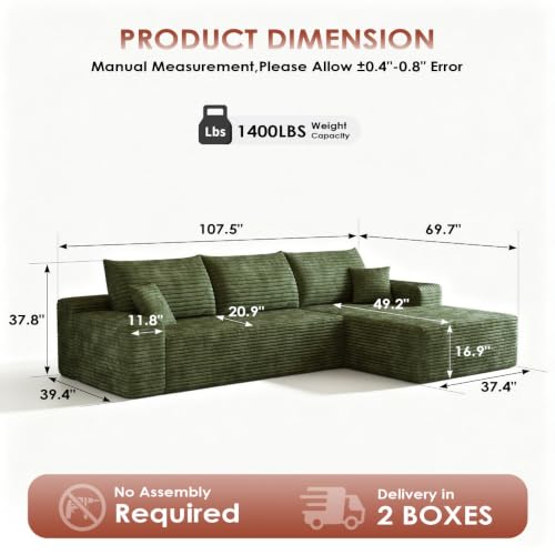 Image of Boneless Couch, Modular Sectional Couches for Living Room, U-Shaped Cloud Couch Sofa with Deep Seat, Fluffy Corduroy Upholstered Corner Sofa