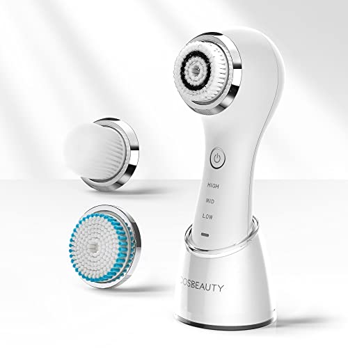 COSBEAUTY Sonic Facial Cleansing Brush Face Gentle Exfoliator Deep Cleansing Brush Face Scrubber Massaging with Smart Timer, Wireless Rechargeable, 3 Speeds Adjustment (White)