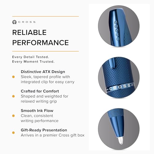 Image of Cross ATX Premium Sandblasted Dark Blue Ballpoint Pen - Sleek Metal Design, Polished Accents, Medium Point, Black Ink, Luxury Gift Box Included